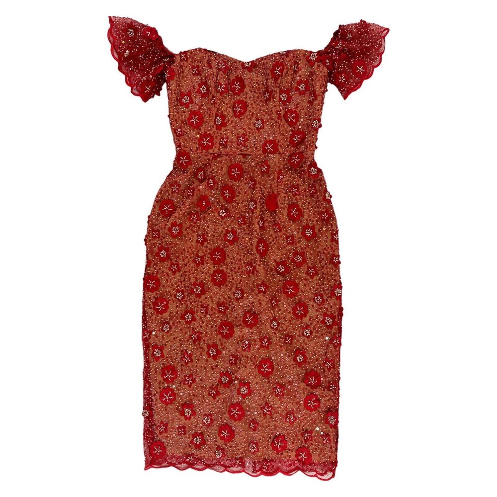 Dress the Population Tara Red Floral Appliqué Beaded Off-The-Shoulder Dress NWOT
